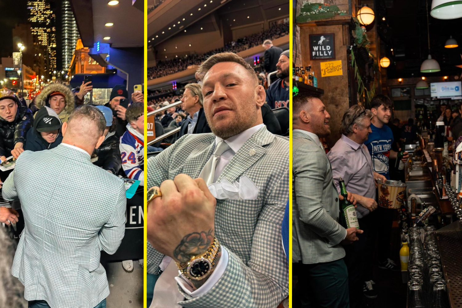 UFC star Conor McGregor watches New York Rangers game in suit and £108,000 Rolex before pouring whiskey for fans